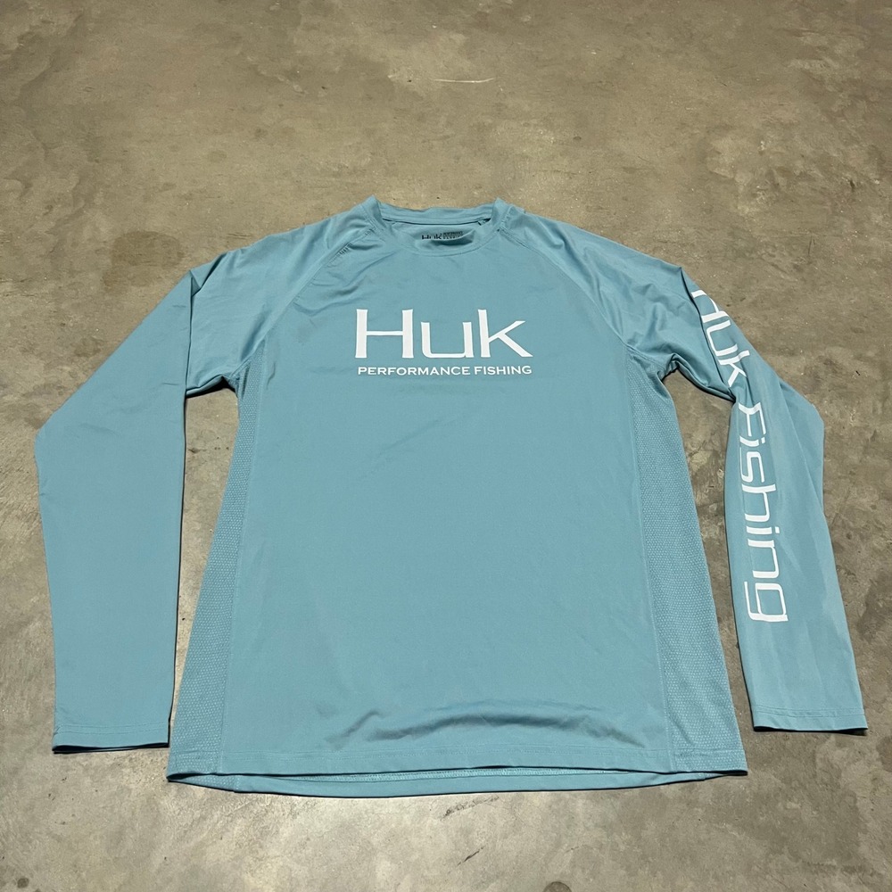 Huk Performance Fishing Mens Small Blue Long Sleeve Shirt H1200150 Mesh Panels